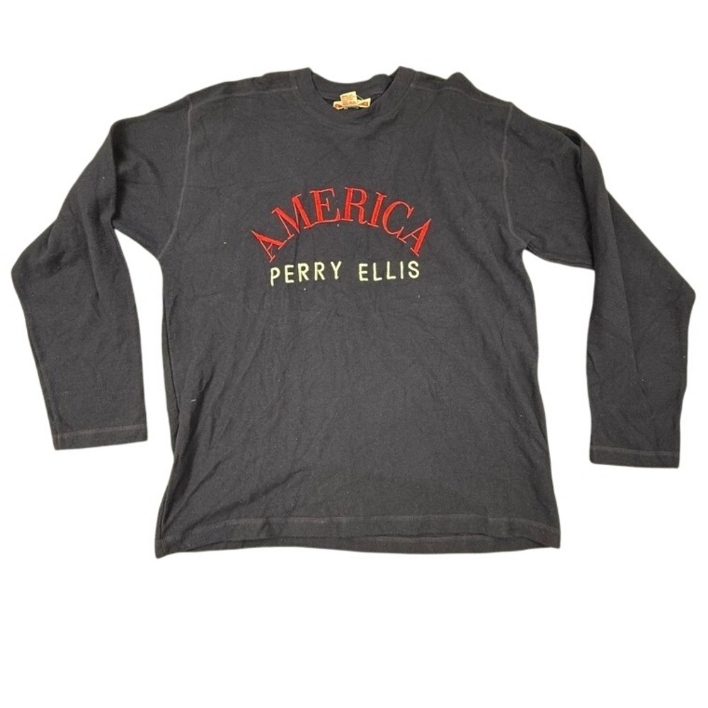 Perry Ellis America Mens Large Navy Blue Long Sleeve Cotton Logo Shirt NWT
